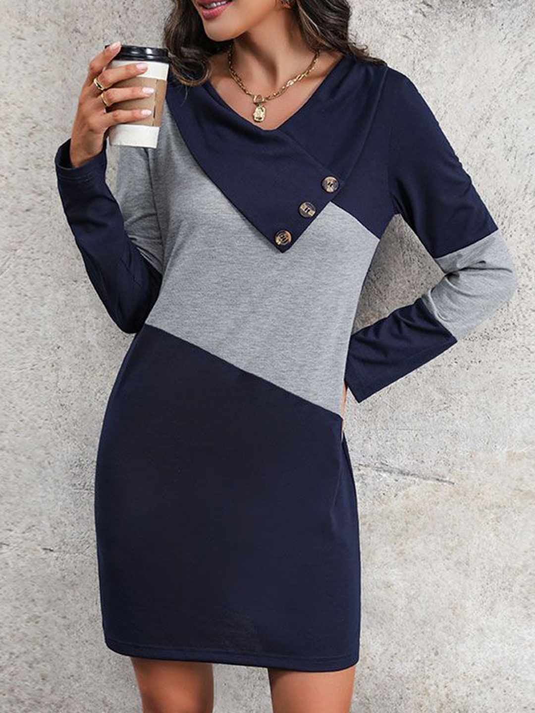 

HERE&NOW Women Colourblocked V-Neck Sheath Dress, Navy blue