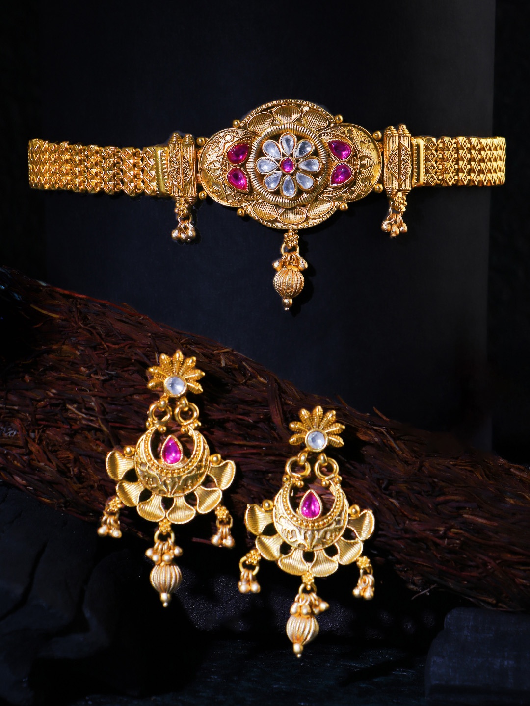 

Adwitiya Collection 24CT Gold-Plated Stone-Studded & Beaded Jewellery Set