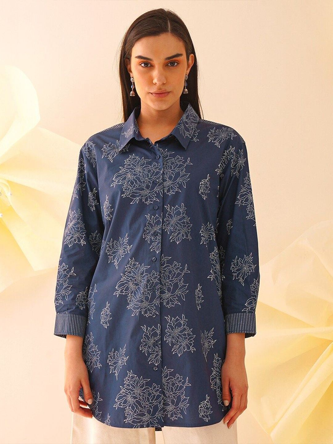 

JAYPORE Women Standard Spread Collar Floral Printed Cotton Casual Shirt, Navy blue