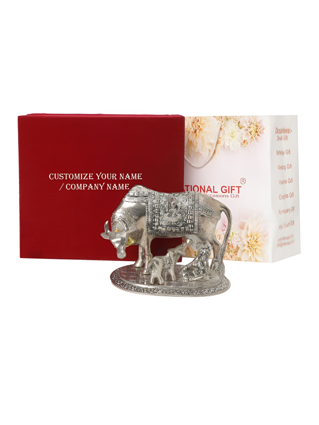 

INTERNATIONAL GIFT Silver-Toned Kamdhenu Cow With Tag & Velvet Box