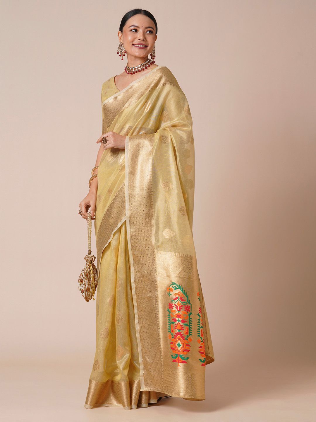 

Anouk Ethnic Motifs Zari Banarasi Saree with Matching Blouse, Yellow