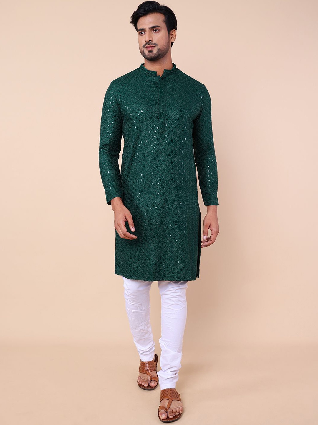 

NAMASKAR Ethnic Motifs Embroidered Sequins Silk Straight Kurta, Green