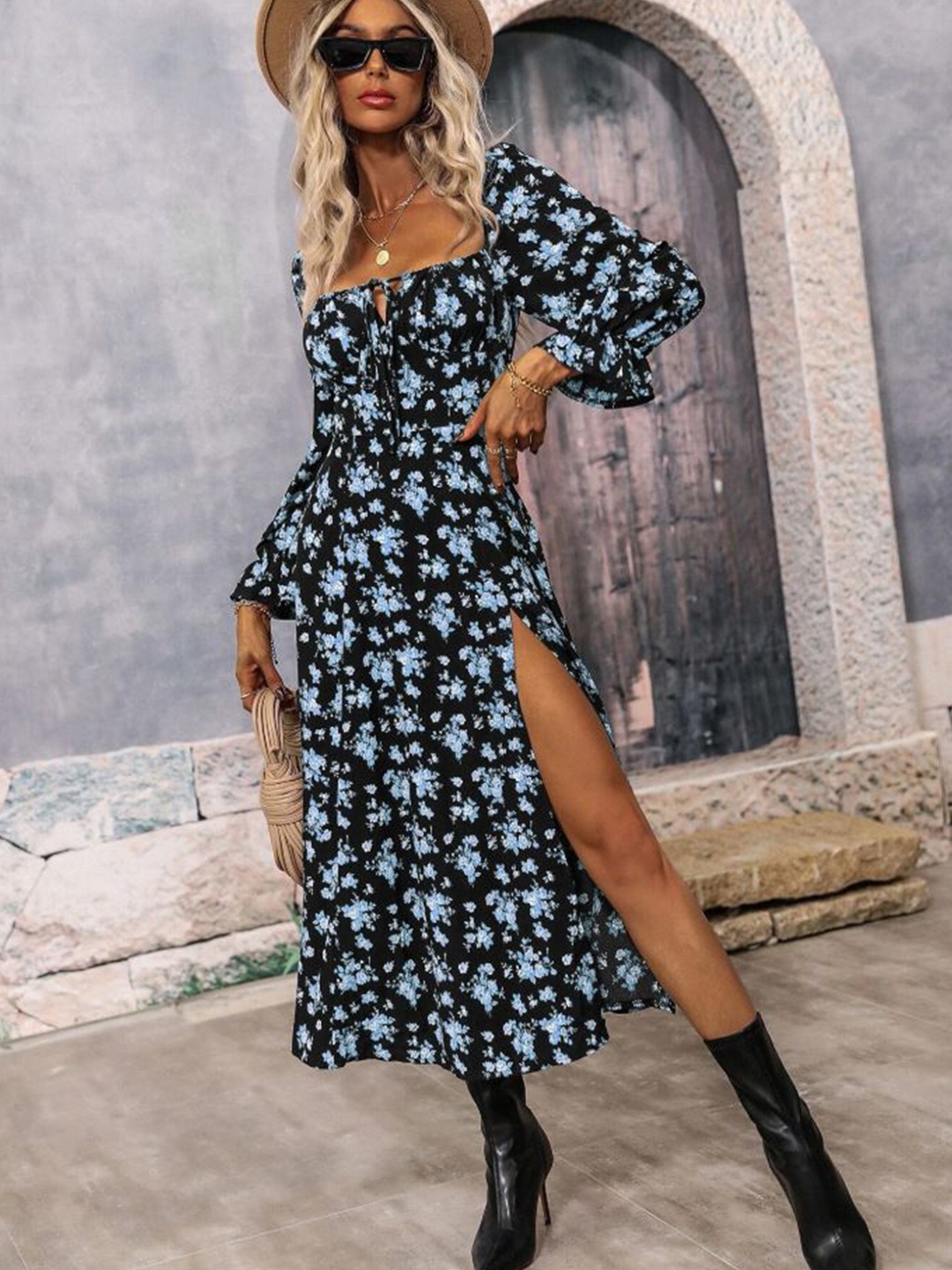 

HERE&NOW Floral Print Cold-Shoulder Fit & Flare Midi Dress, Blue