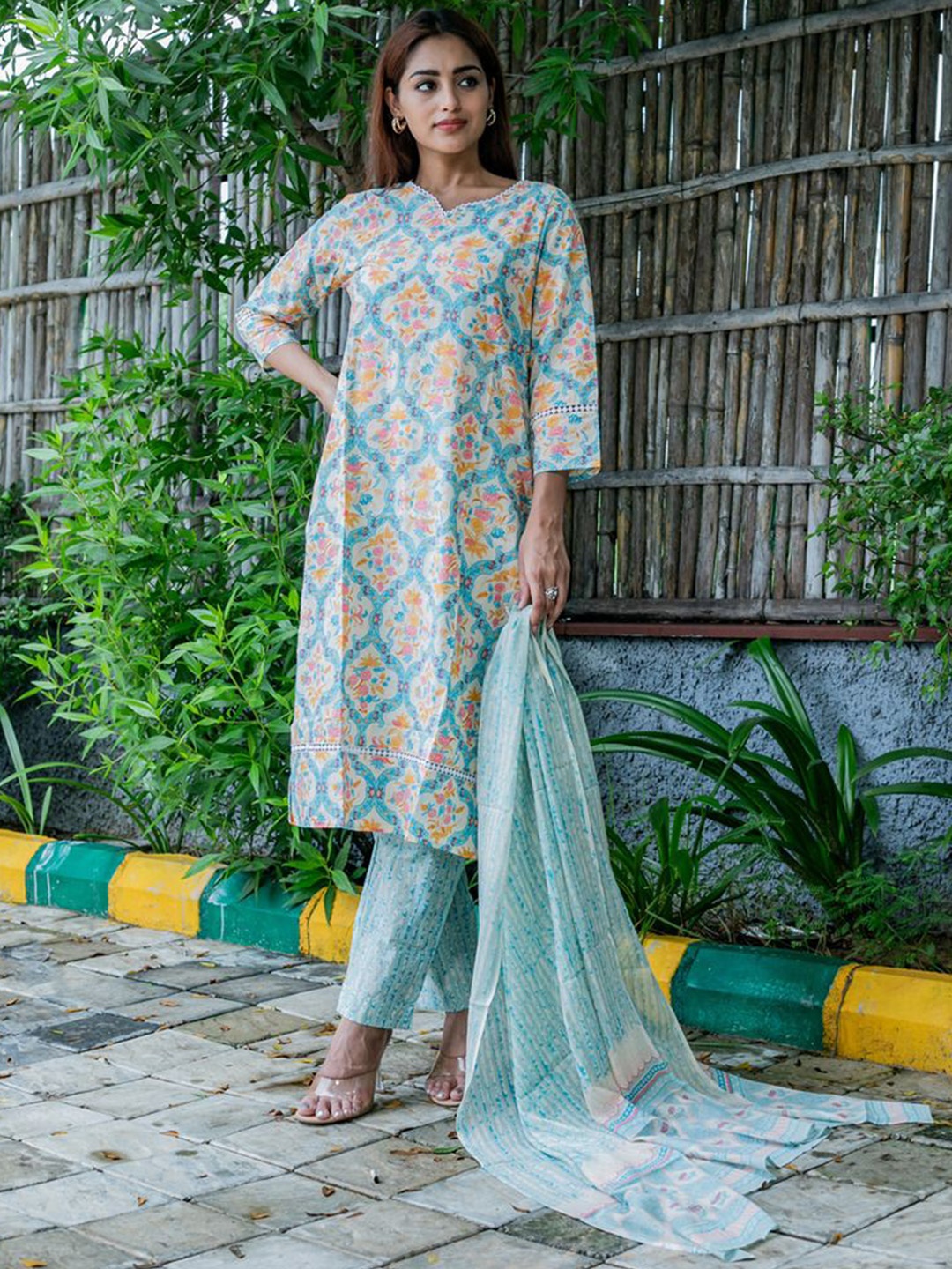 

Angvarnika Floral Printed Pure Cotton Straight Kurta & Trousers With Dupatta, Blue