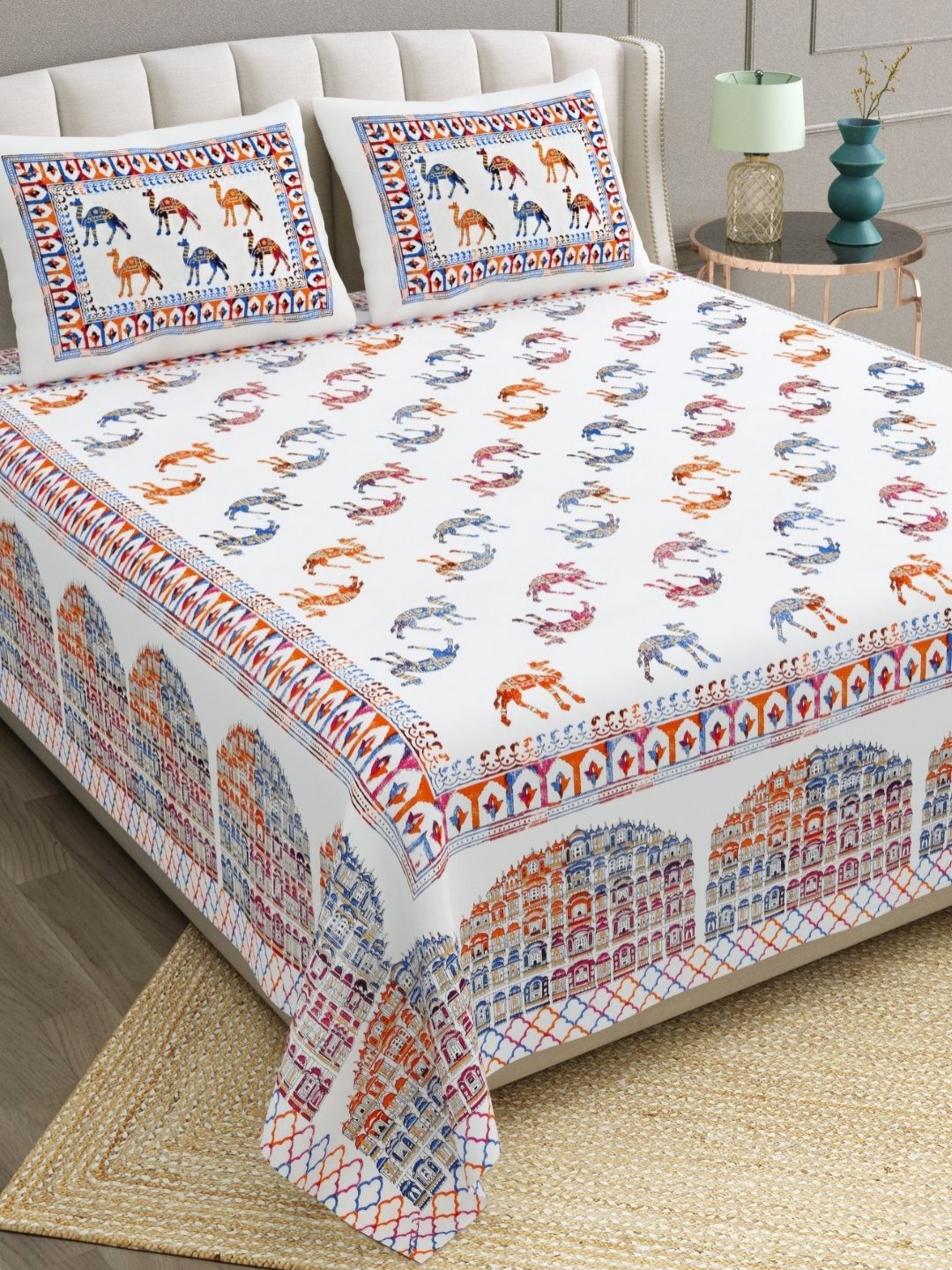 

The Craft Monk Blue & White Ethnic 240 TC Cotton Double King Bedsheet with 2 Pillow Covers