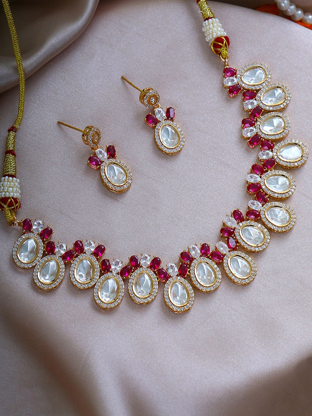 

Anouk Pink Gold-Plated Kundan Studded & American Diamond Jewellery Set