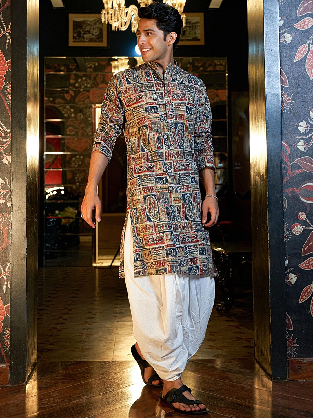 

Shasak Ethnic Motifs Printed Kantha Work Mandarin Collar Straight Kurta, Beige