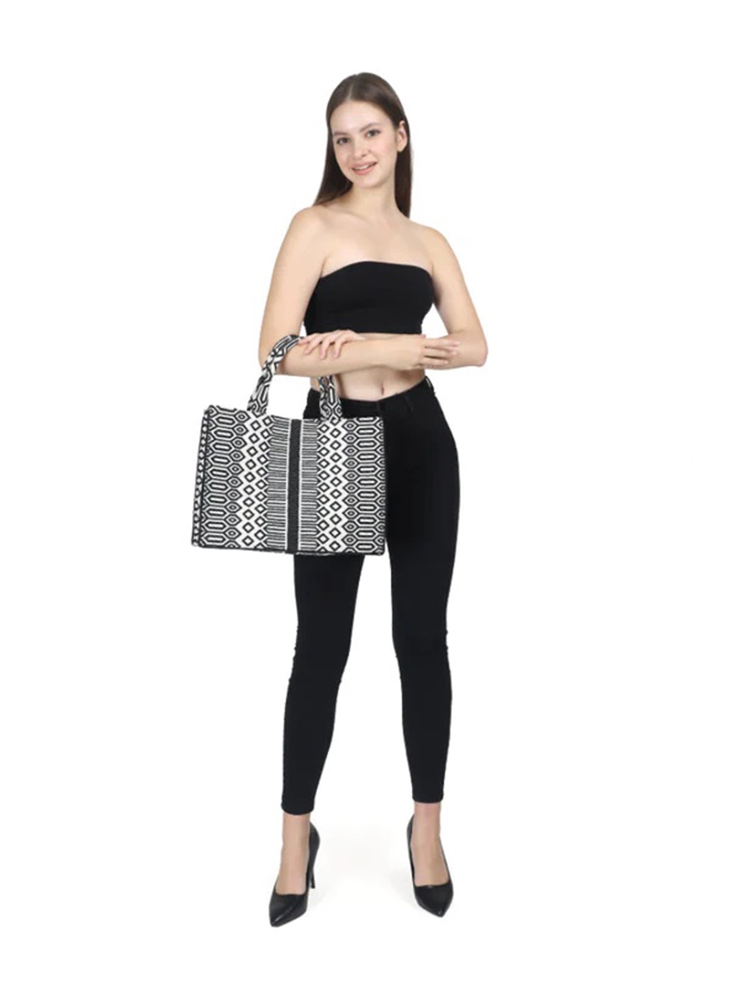 

INDIVIDUAL DESIGN Geometric Pattern Jacquard Weave Structured Handbag, Black