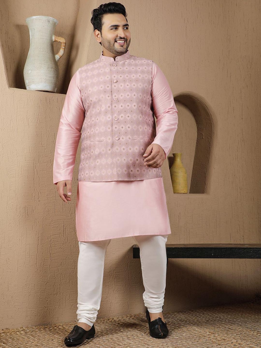 

Sztori Woven Design Mandarin Collar Straight Kurta & Churidar With Nehru Jacket, Pink