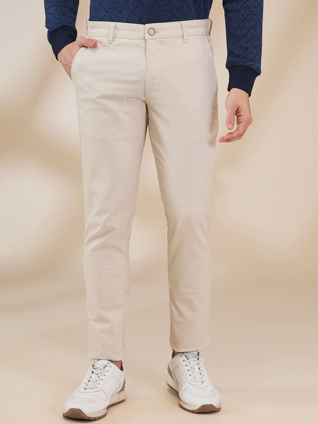 

Parx Men Tapered Fit Low-Rise Trousers, Cream