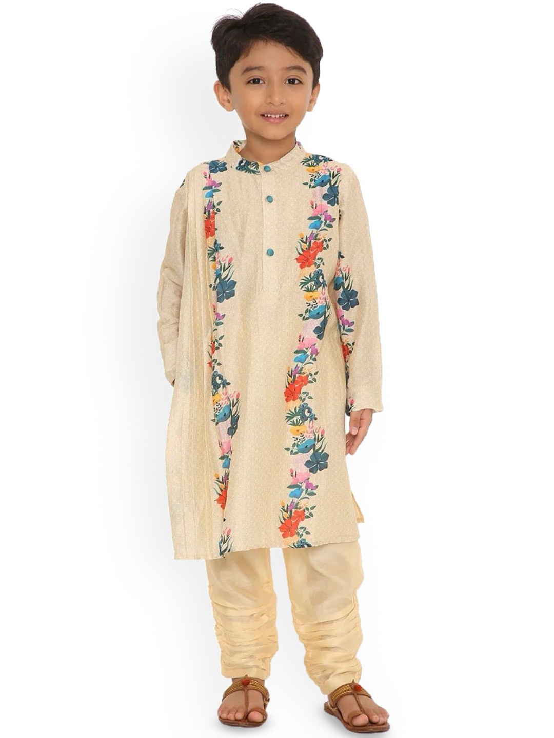 

Miko Lolo Boys Floral Printed Mandarin Collar Pleated Chanderi Silk Kurta With Churidar, Cream