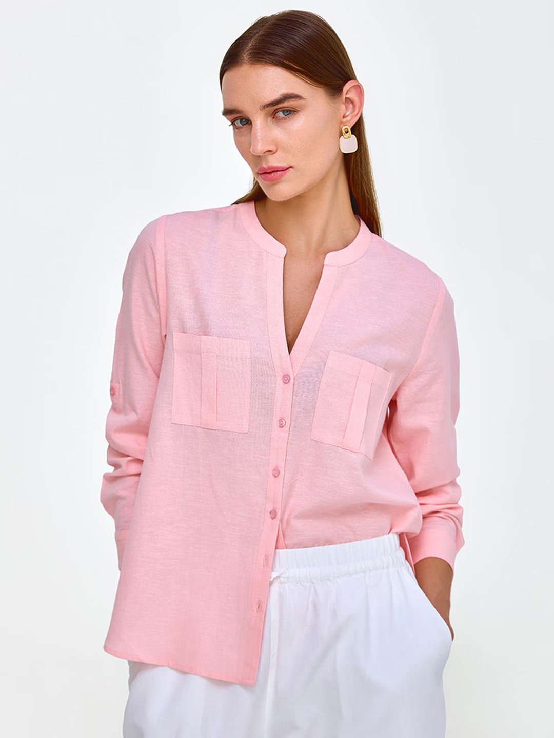 

COVER STORY Women Mandarin Collar Solid Linen Blend Casual Shirt, Peach