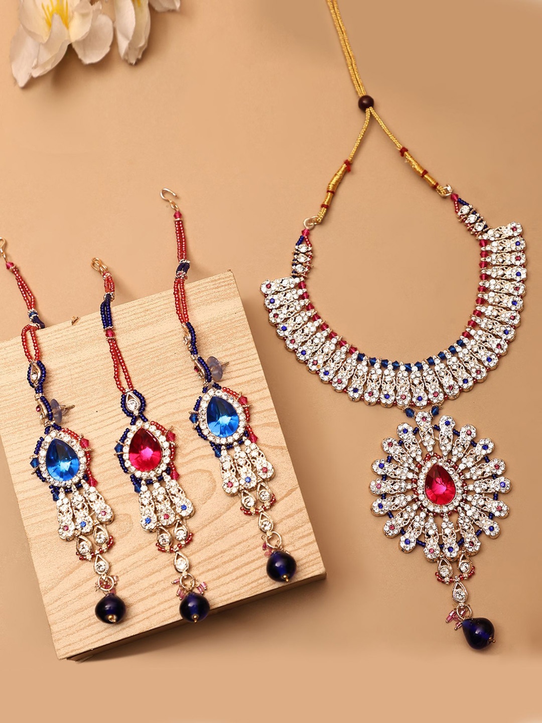 

ANIKAS CREATION Gold-Plated Stone-Studded & Beaded Jewellery Set