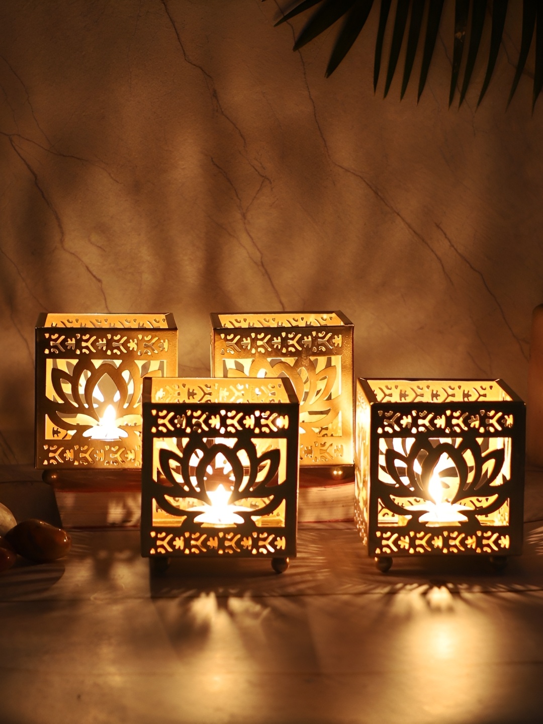 

Amaya Decors Gold-Toned 4 Pieces Lotus Etching Tealight Candle Holders, Yellow