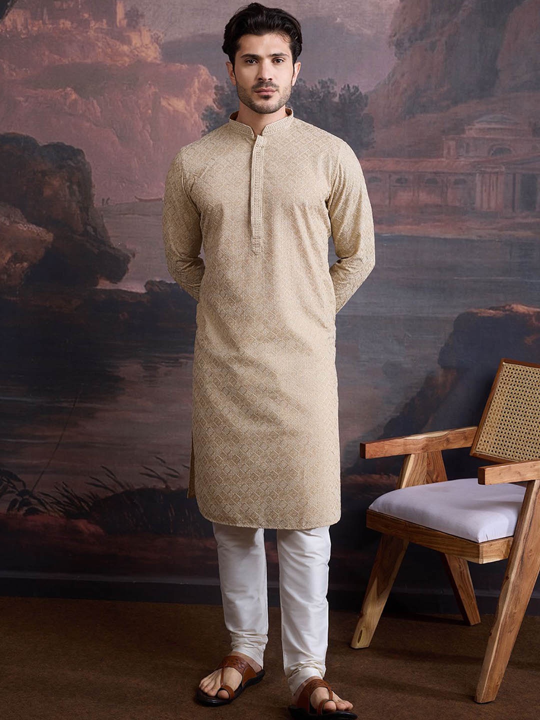 

House of Pataudi Embroidered Mandarin Collar Chikankari Cotton Straight Kurta, Beige