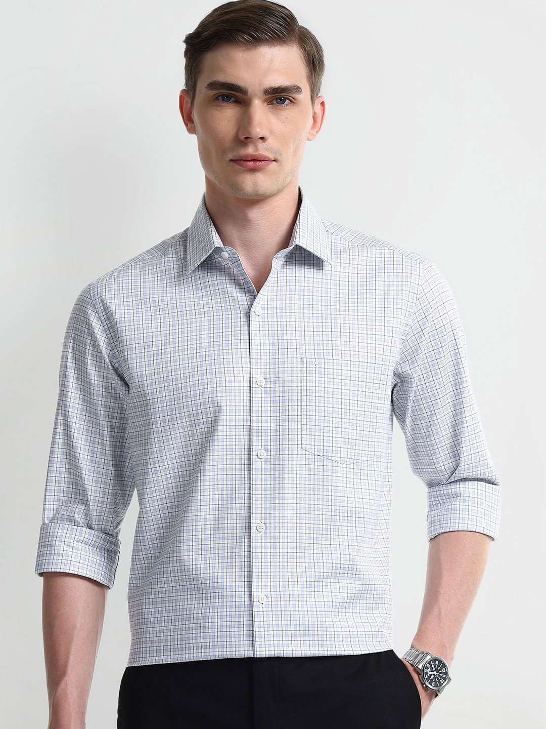 

Arrow Men Slim Fit Micro Checks Opaque Printed Formal Shirt, Blue