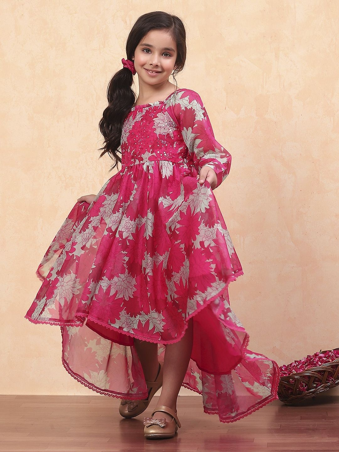 

Biba Floral Print Puff Sleeve Formal Girls Fit & Flare Dress, Pink