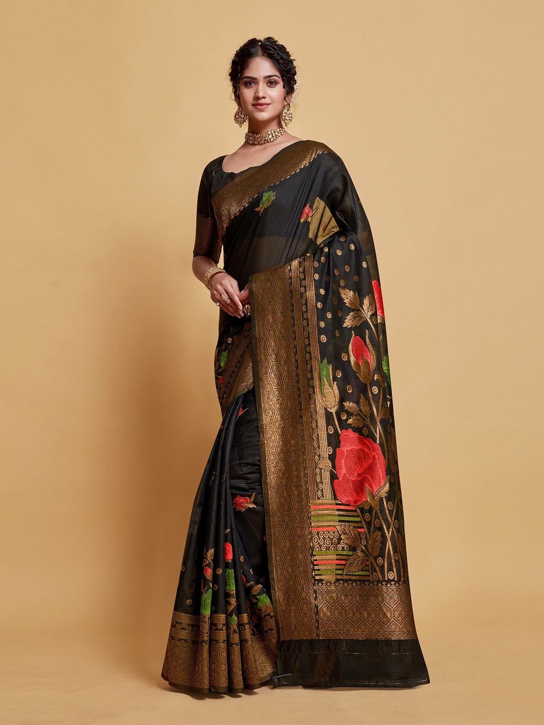 

MAHALASA Ethnic Motifs Zari Pure Cotton Banarasi Saree, Black