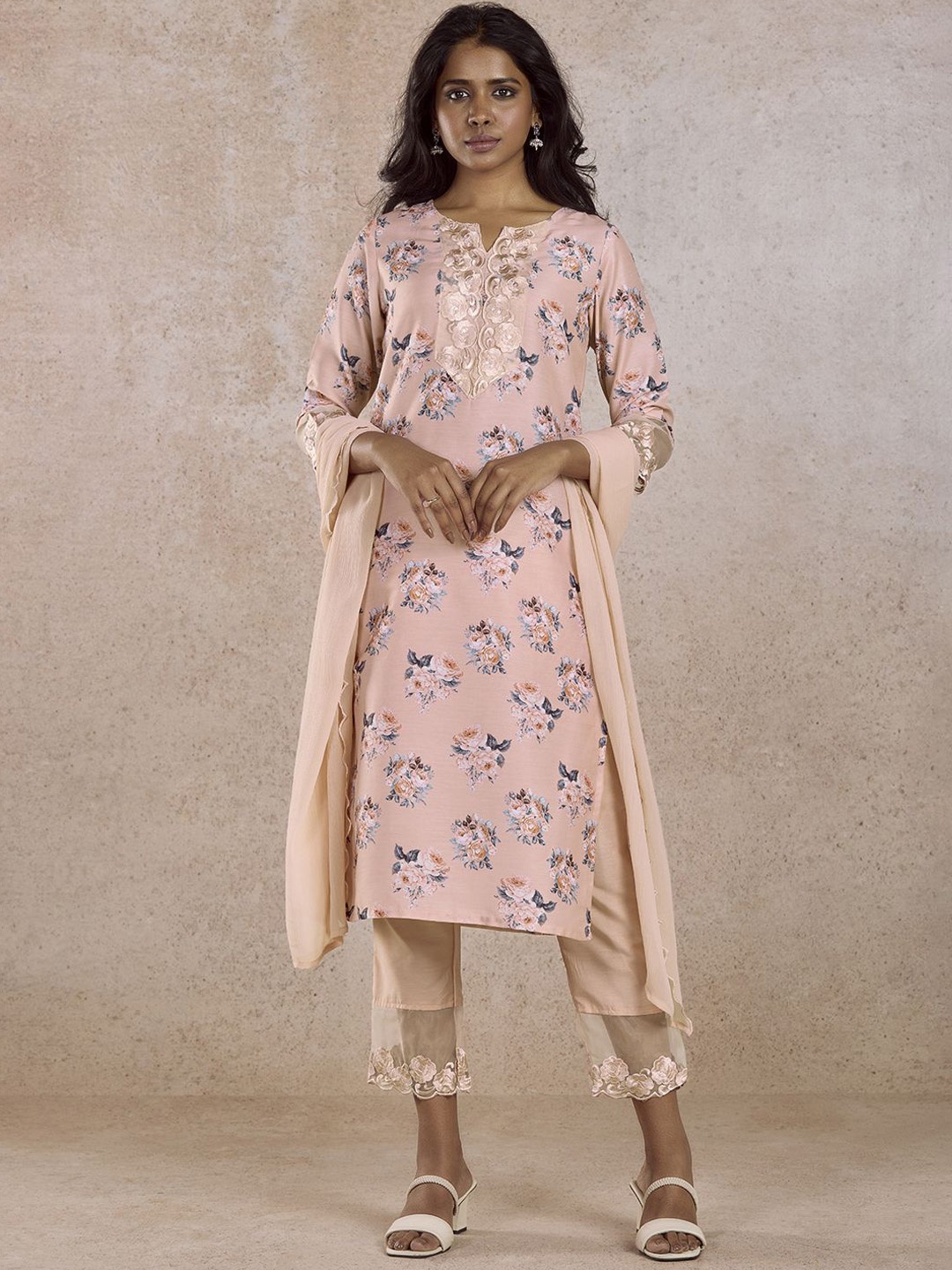 

IMARA Ethnic Motifs Printed Thread Work Kurta With Palazzos & Dupatta, Pink