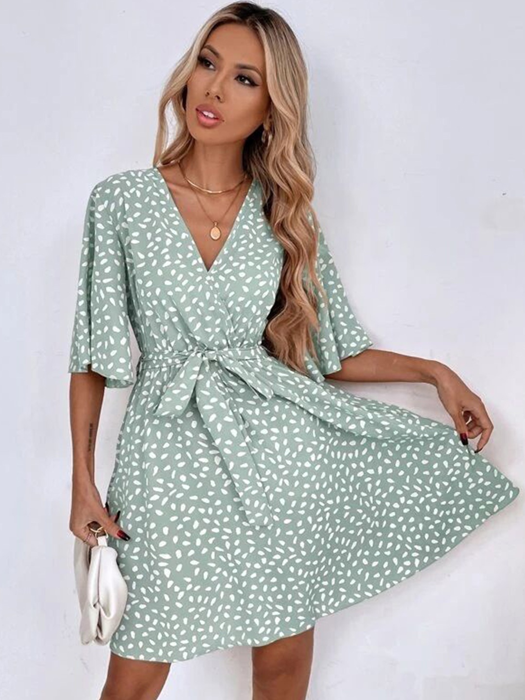 

HERE&NOW Floral Print Flared Sleeve Dress, Green