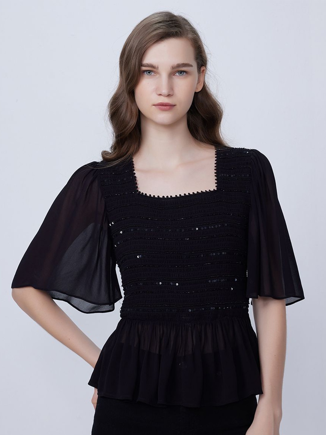 

COVER STORY Embellished Flutter Sleeve Peplum Top, Black