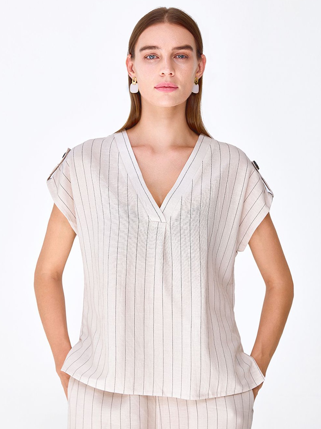 

COVER STORY Striped Extended Sleeves Linen Top, White