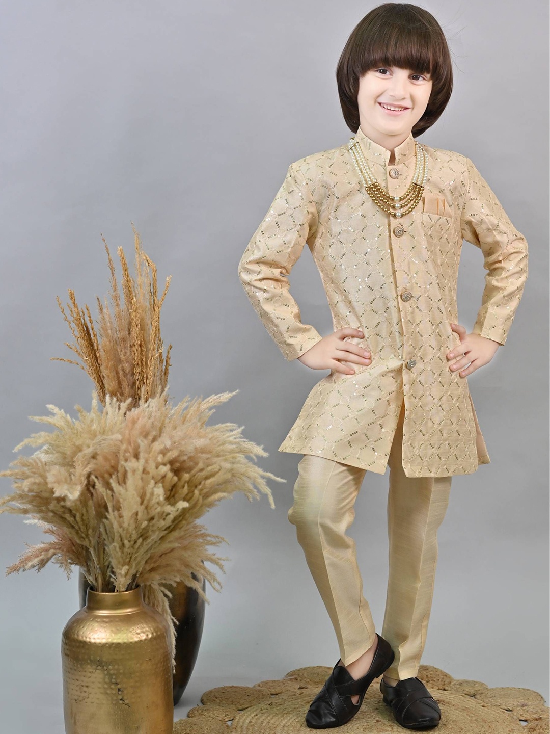 

ahhaaaa Boys Sequin Embellished Sherwani Set, Gold