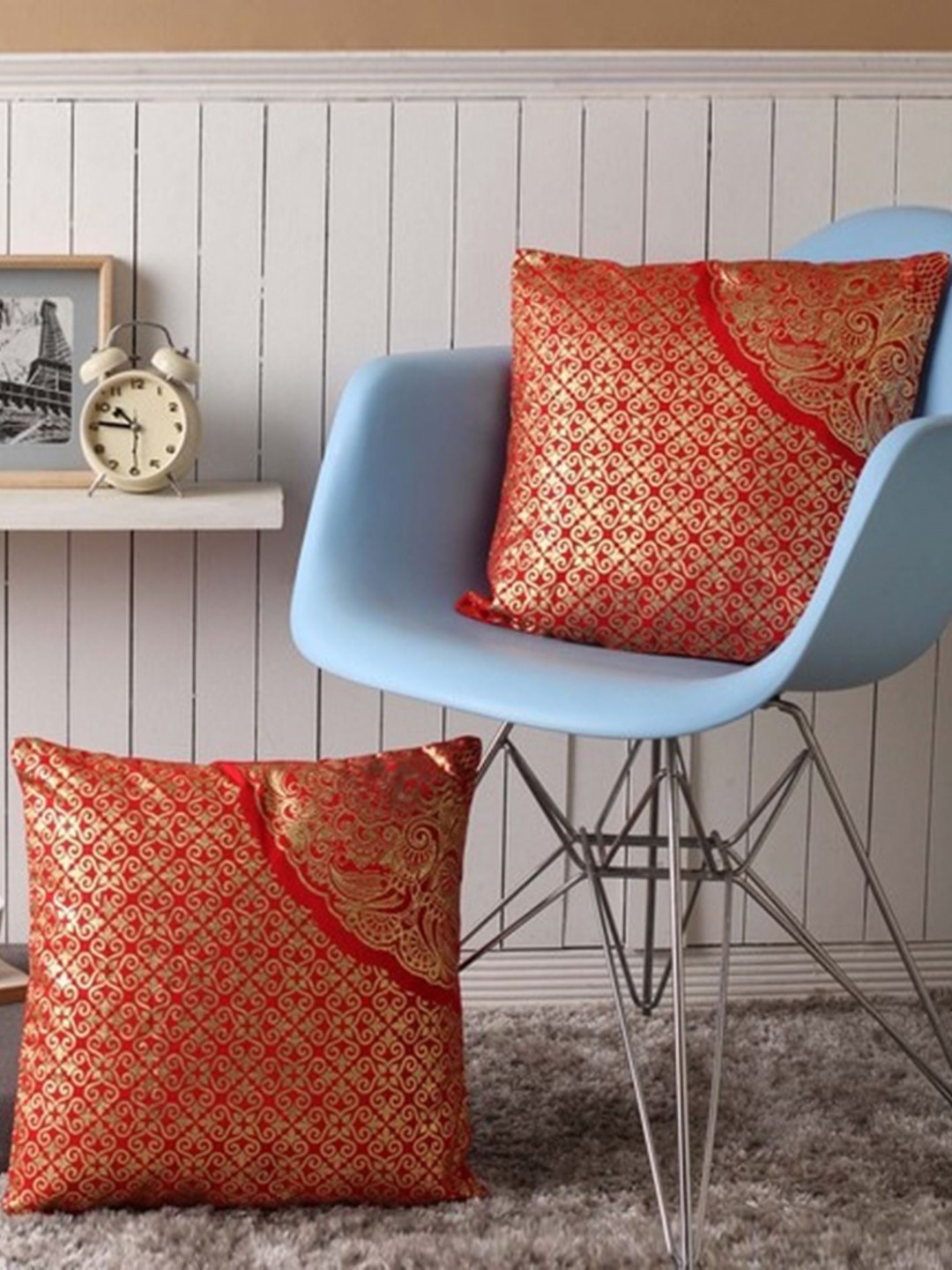 

Lushomes Red & Gold Toned 2 Pieces Ethnic Motifs Printed Cotton Square Cushion Covers