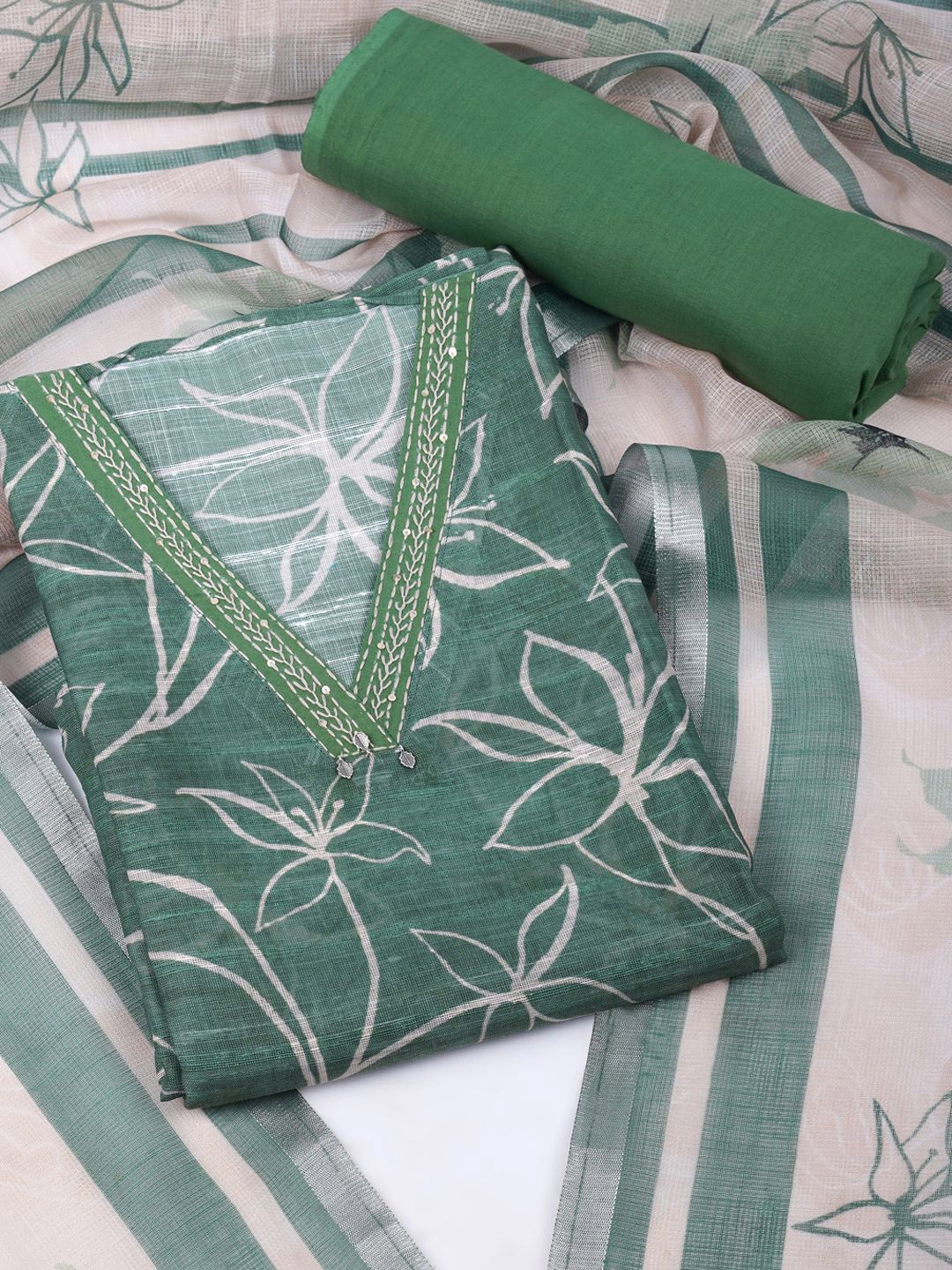 

KAMI KUBI Floral Printed Linen Unstitched Dress Material, Green