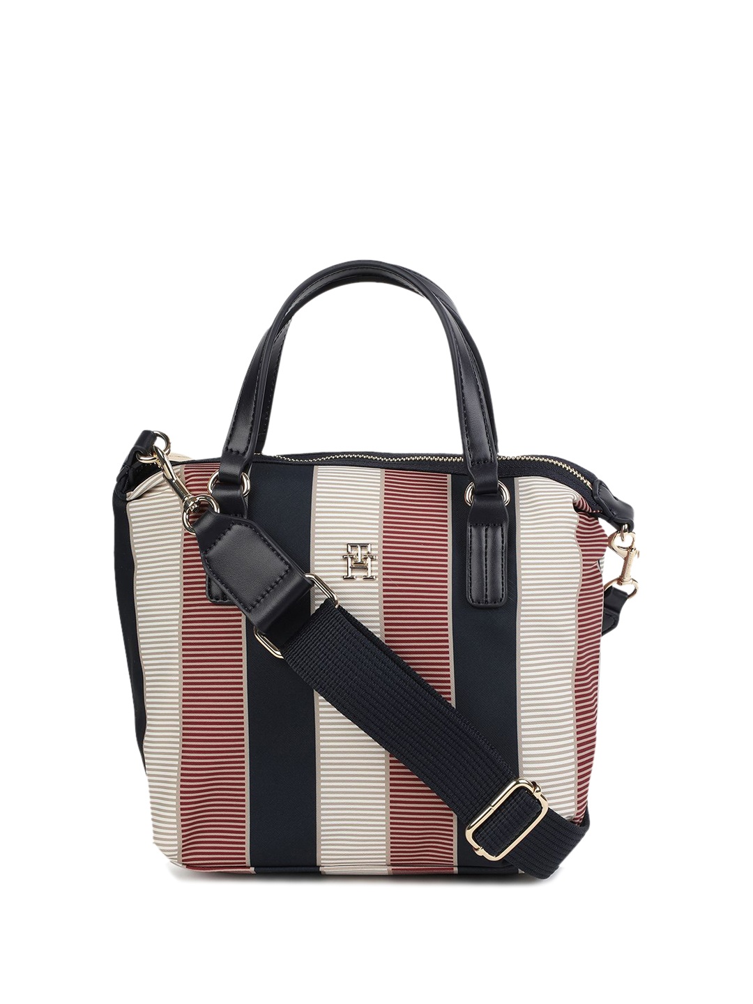 

Tommy Hilfiger Striped Structured Tote Bag with Applique, Beige