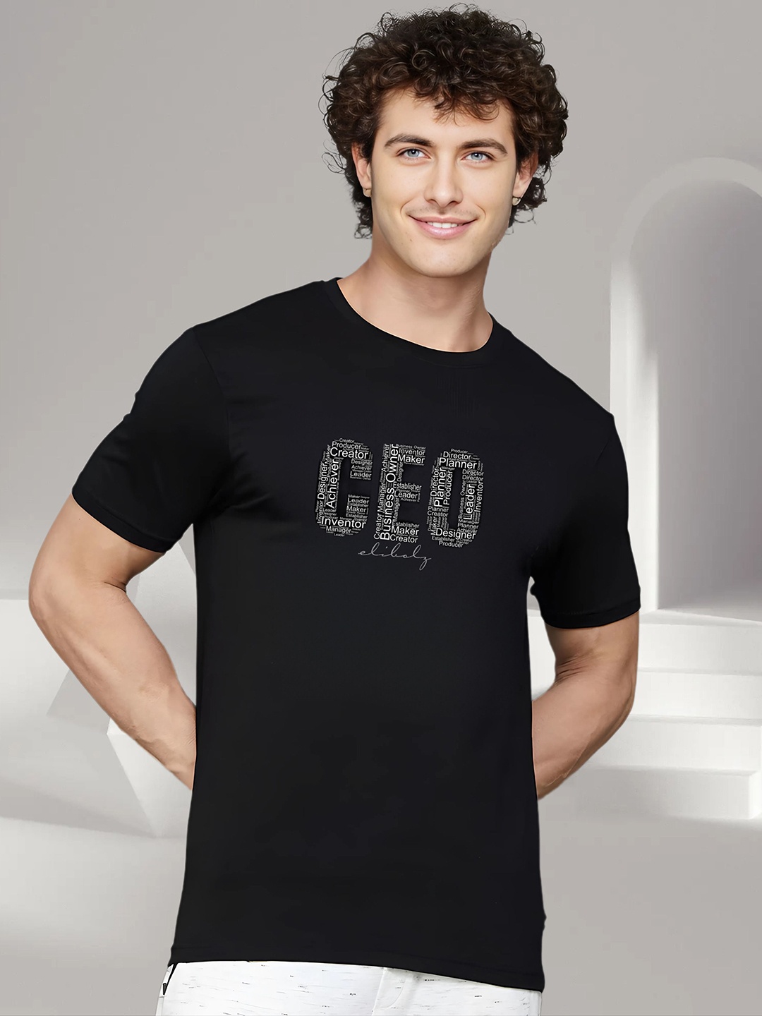 

Elibolz Men Typography Printed Round Neck Cotton T-shirt, Black
