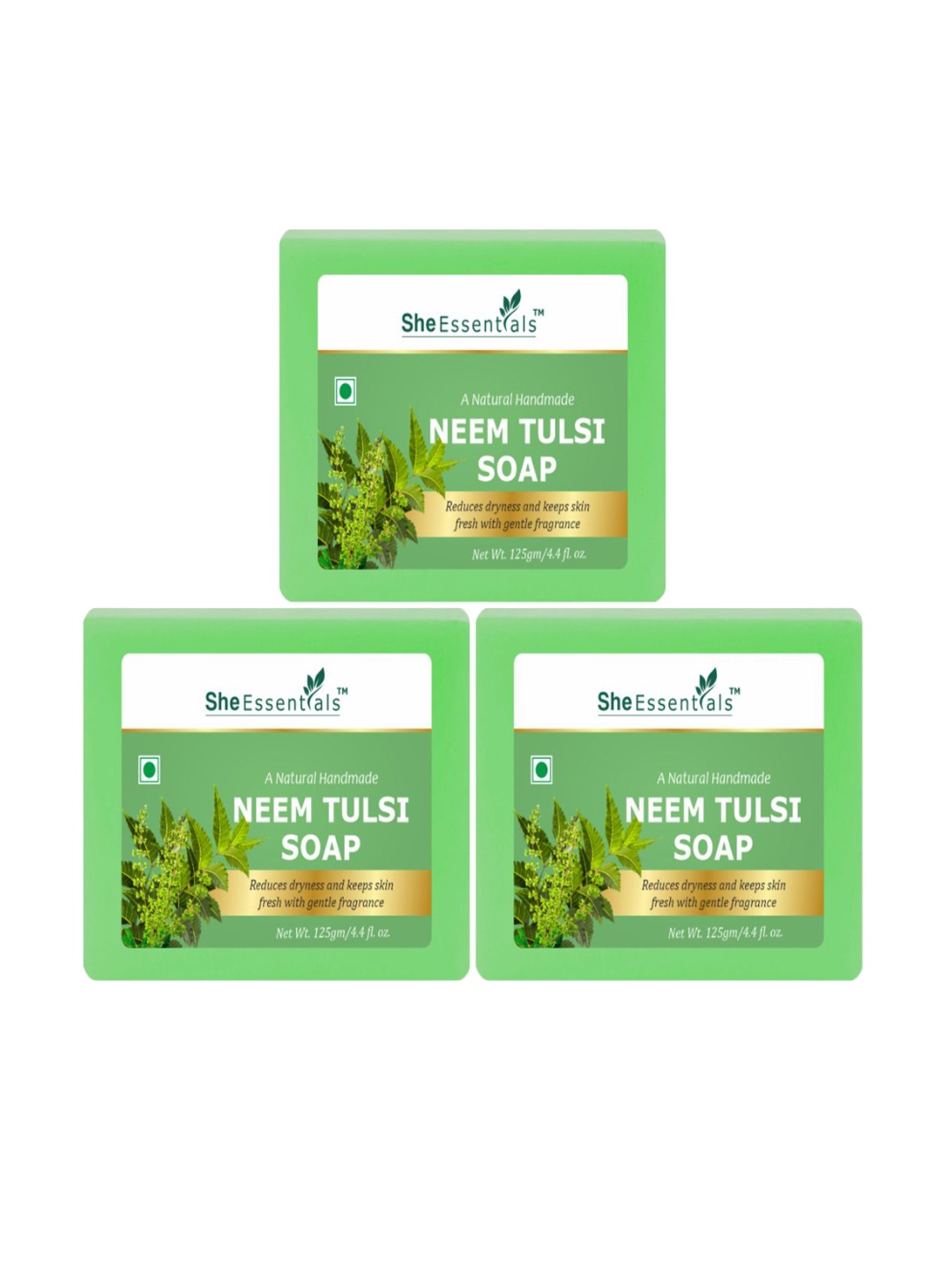 

She Essentials Set Of 3 Natural Neem Tulsi Soap - 125 g Each, Transparent