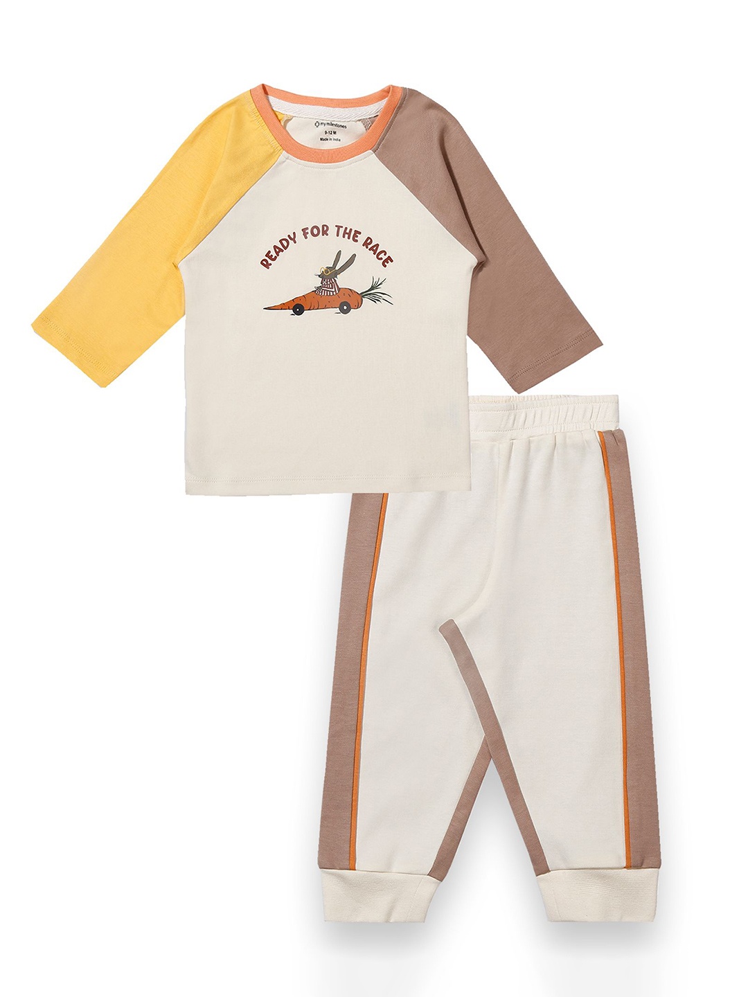 

My Milestones Boys Colourblocked Round Neck Long Sleeves Pure Cotton T-shirt & Joggers, Off white