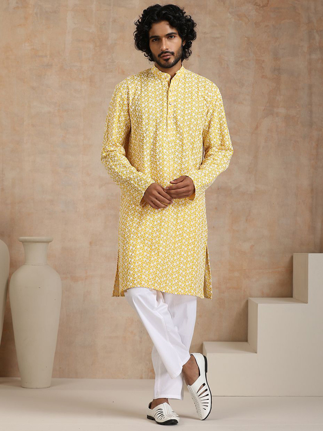 

House of Chikankari Embroidered Woven Kurta, Yellow