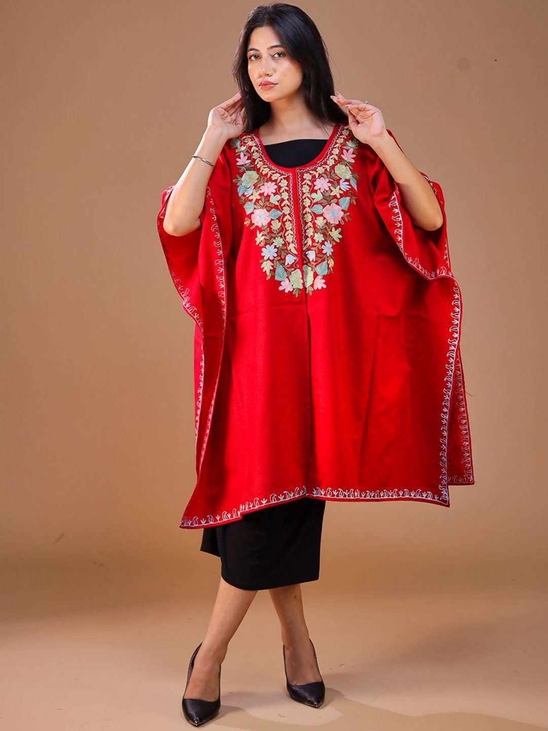 

SWI Stylish Women Floral Woollen Lightweight Cape Jacket with Embroidered, Red