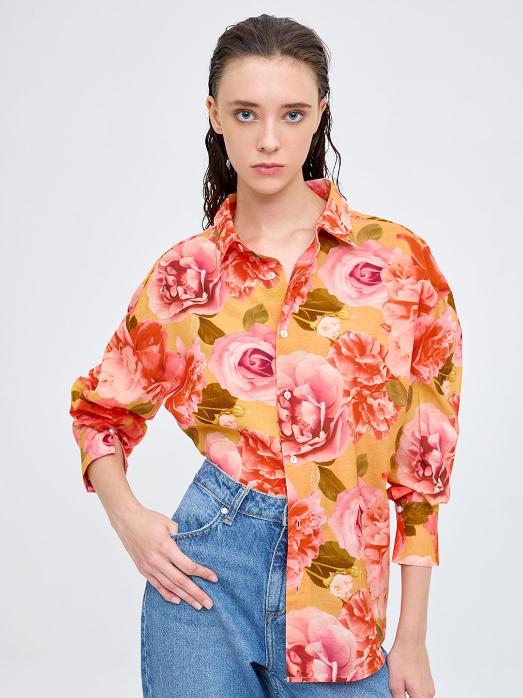 

COVER STORY Women Spread Collar Floral Printed Casual Shirt, Orange