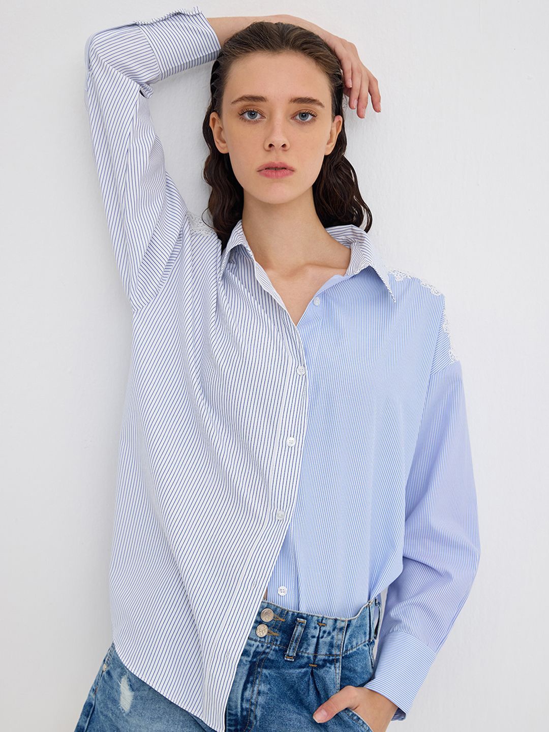 

COVER STORY Women Spread Collar Multi Striped Cotton Casual Shirt, Blue