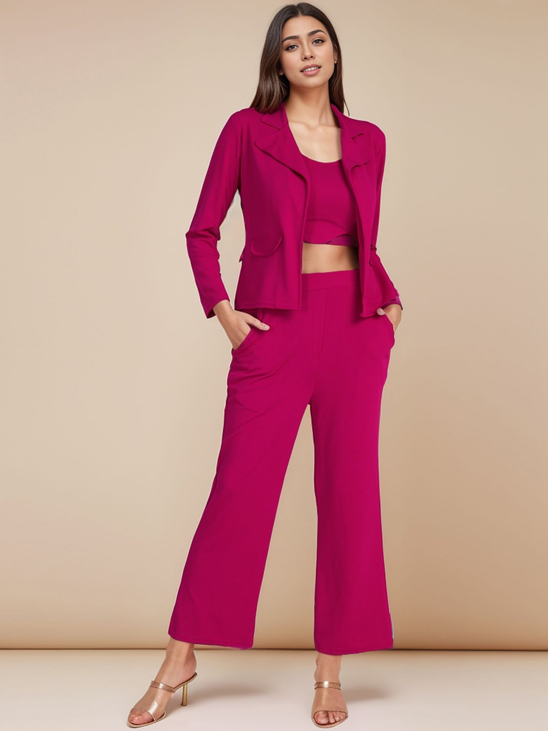 

DressBerry Basics Pink Shirt Collar Top & Blazer With Trouser