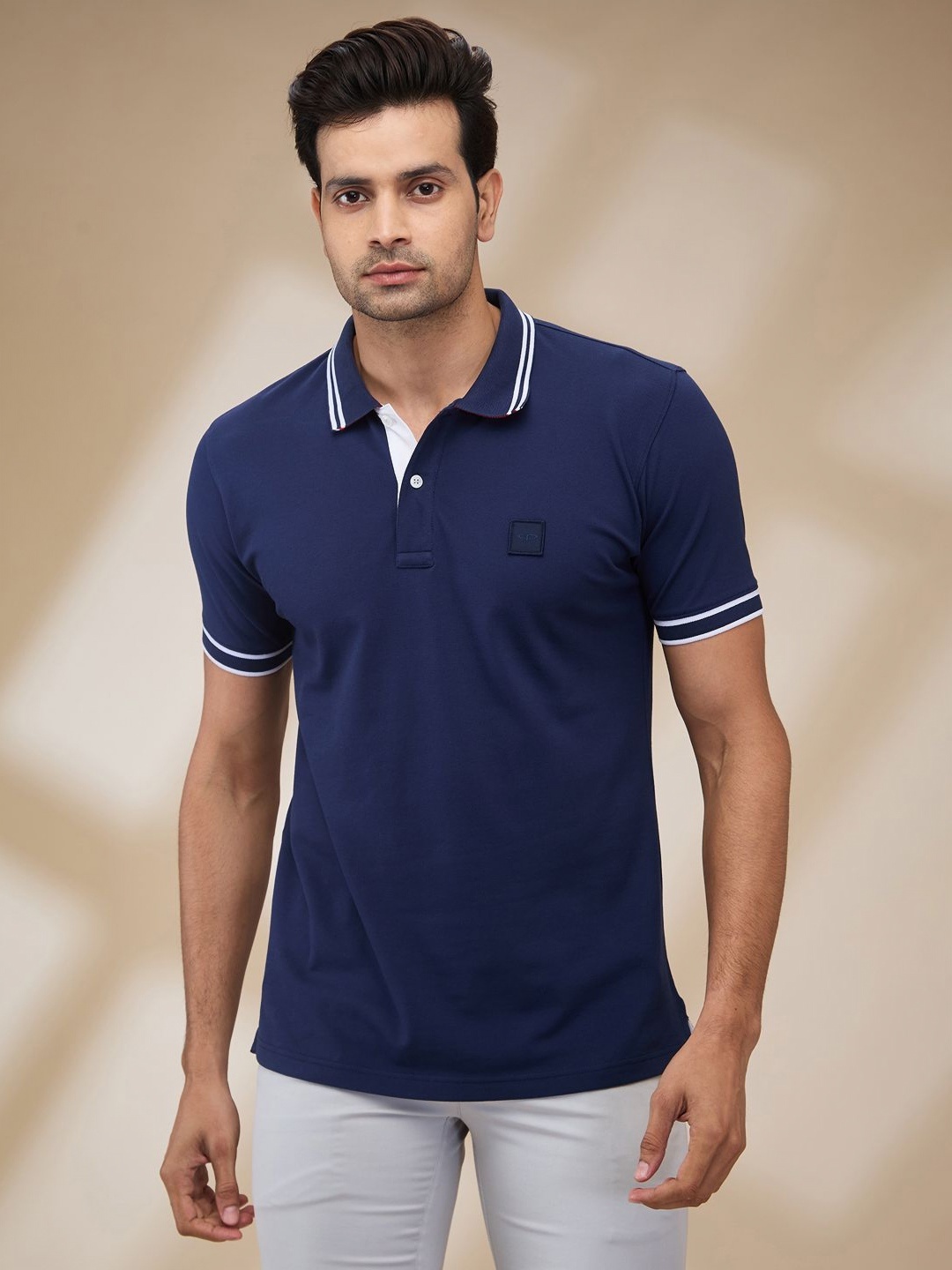 

ColorPlus Men Solid Polo Collar Cotton T-shirt, Blue