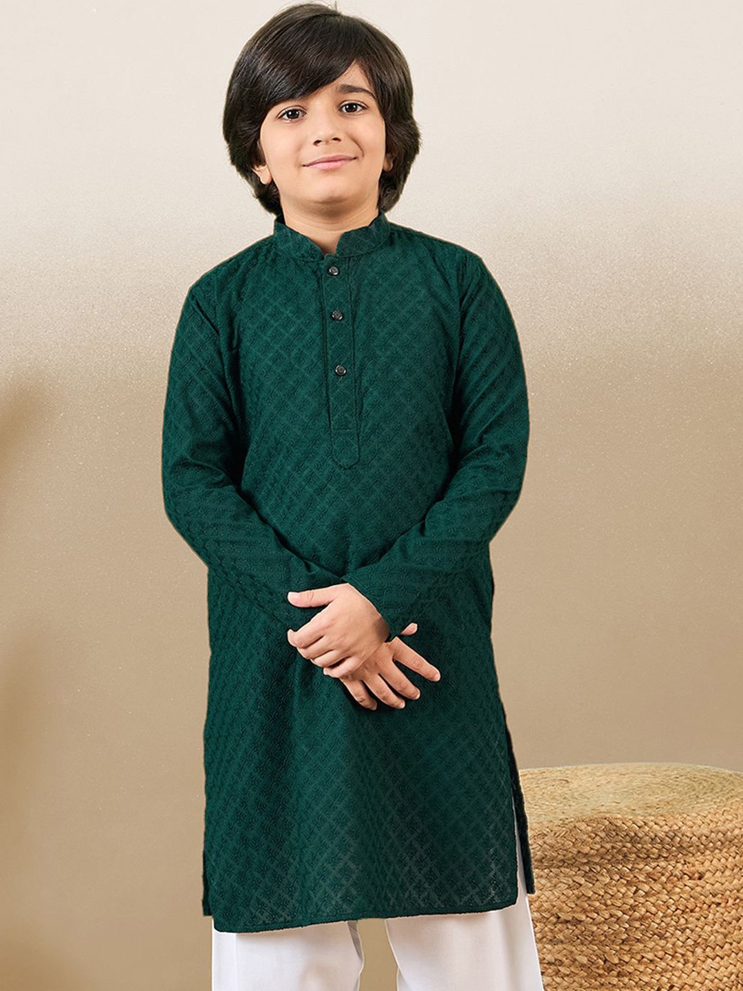 

YK Boys Cotton Embroidered Chikankari Kurta, Green