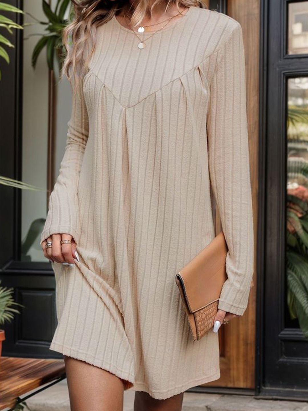 

HERE&NOW Women Striped Round Neck A-Line Dress, Khaki