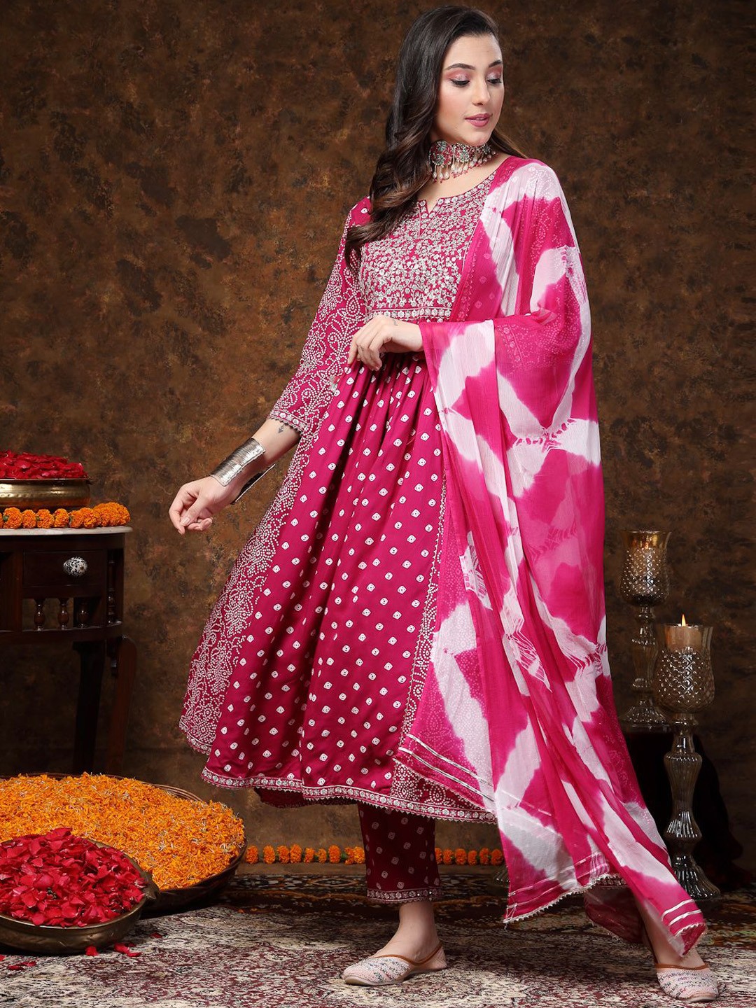 

Stylum Magenta Pink Bandhani Printed Pleated Sequinned Kurta With Trousers & Dupatta