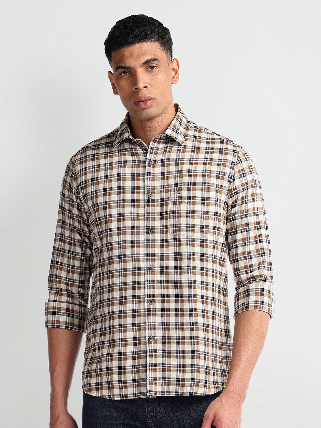 

Arrow Sport Men Slim Fit Tartan Checks Opaque Checked Casual Shirt, Brown
