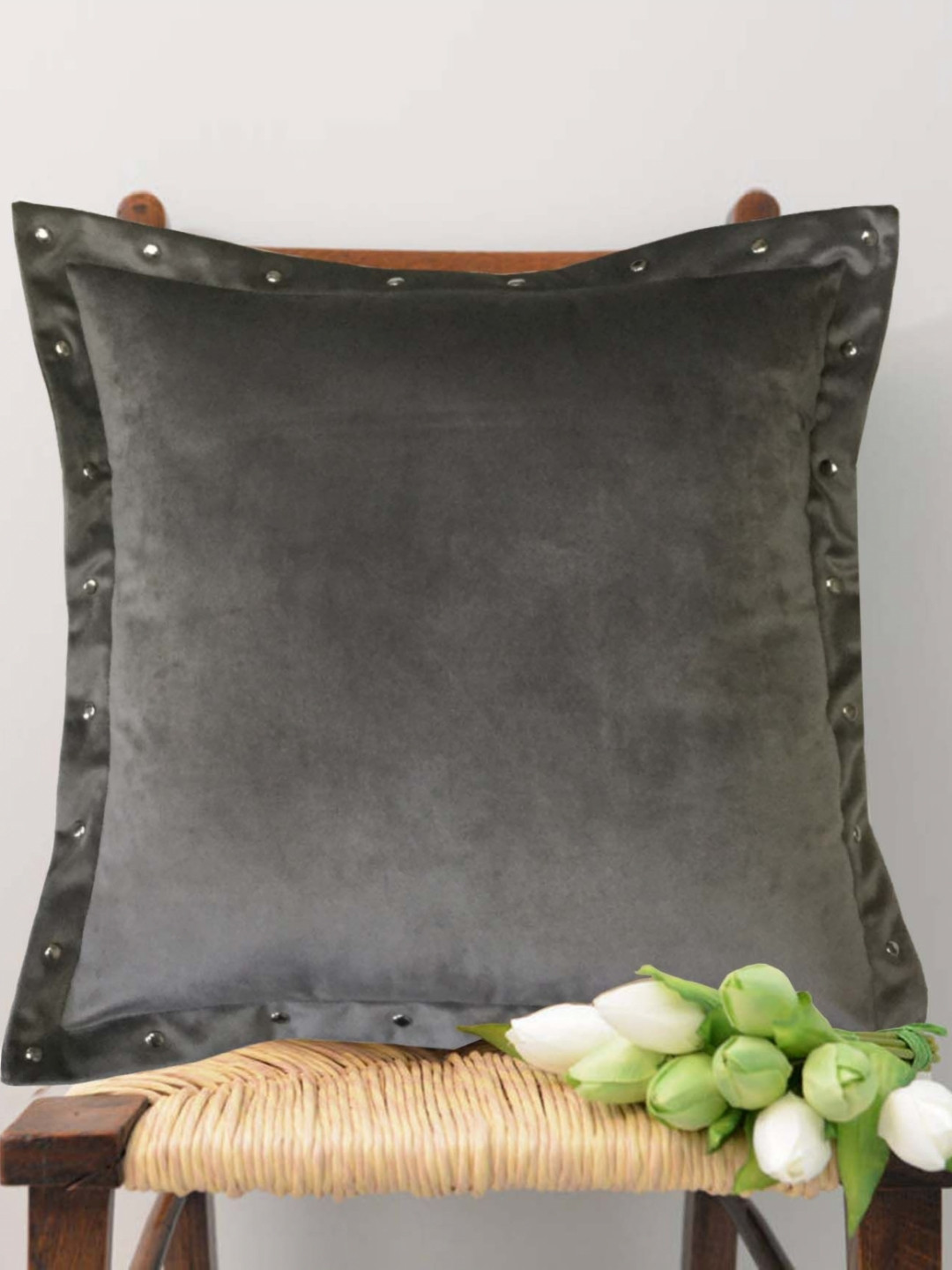 

Lushomes Grey Velvet Square Cushion Cover With Metal Buttons