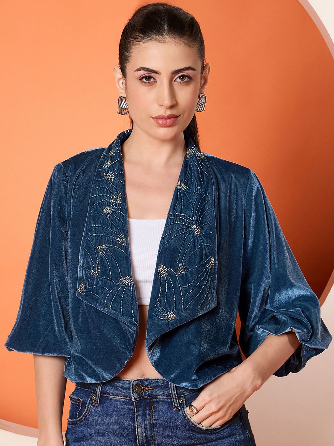 

Antheaa Women Embellished Floral Crop Tailored Jacket, Blue