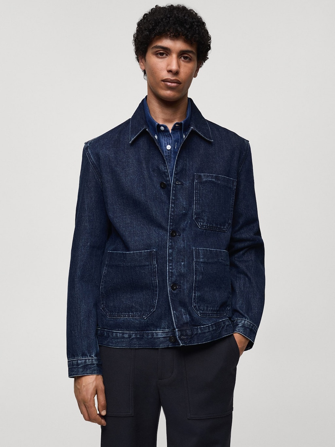 

MANGO MAN Pure Cotton Pocketed Denim Jacket, Navy blue