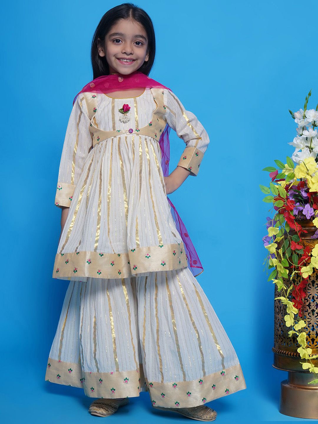 

Little Bansi Girls Striped Pure Cotton A-Line Kurta with Sharara & Dupatta with Jacket, Cream