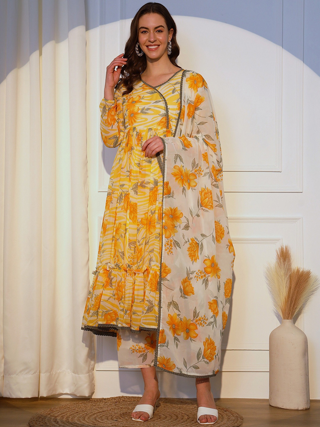 

KALINI Floral Printed Angrakha Anarakli Kurta With Palazzos & Dupatta, Yellow