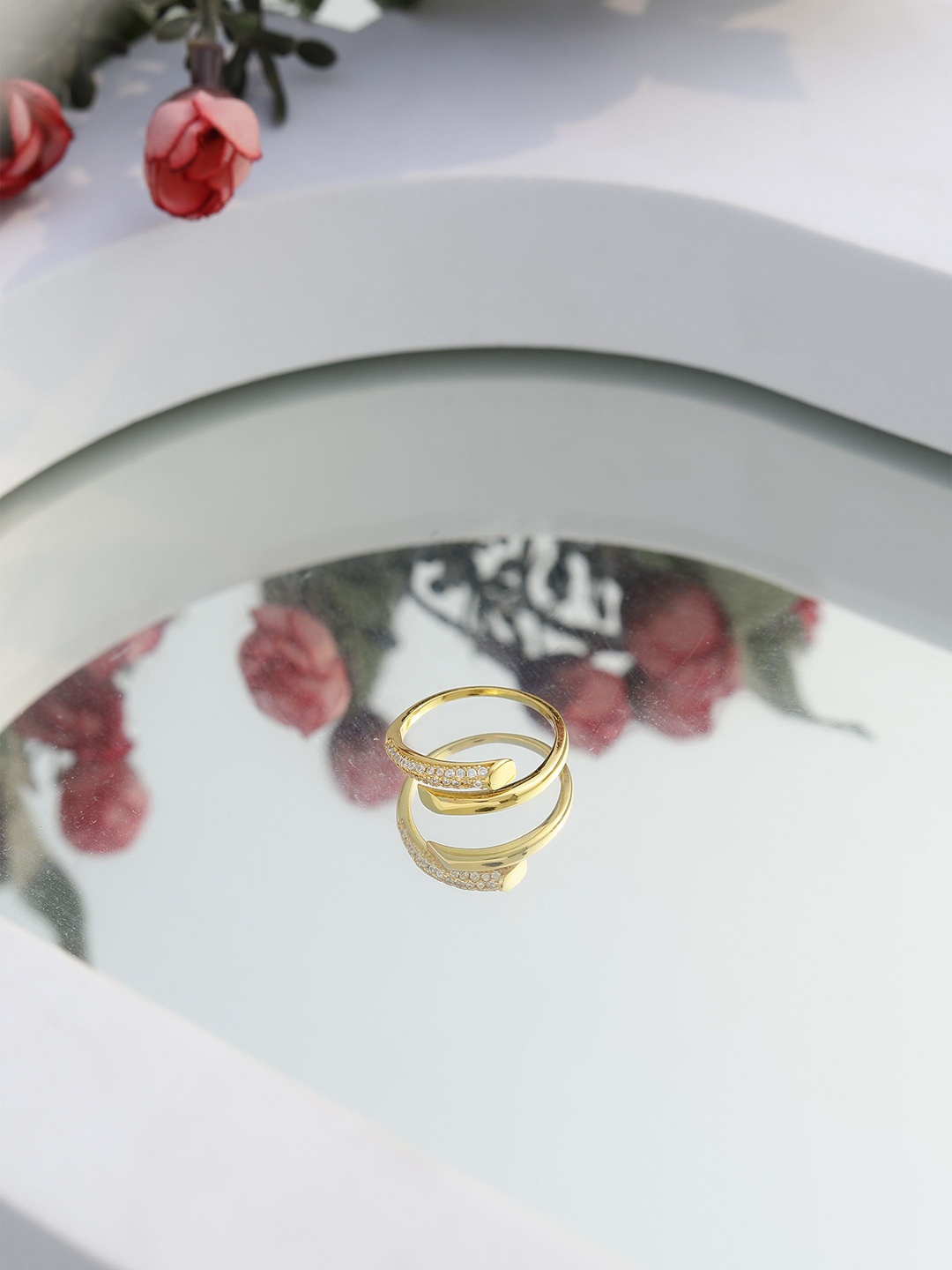 

DIAVO 925 Sterling Silver Gold-Plated Stone Studded Adjustable Finger Ring