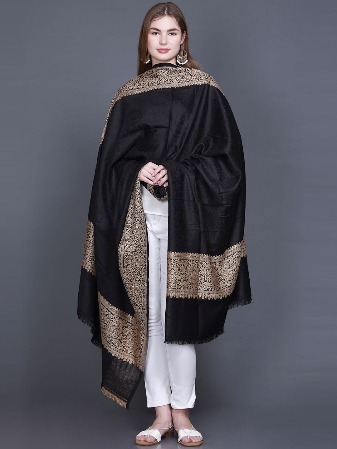 

GODFREY Floral Woven Design Woolen Shawl, Black